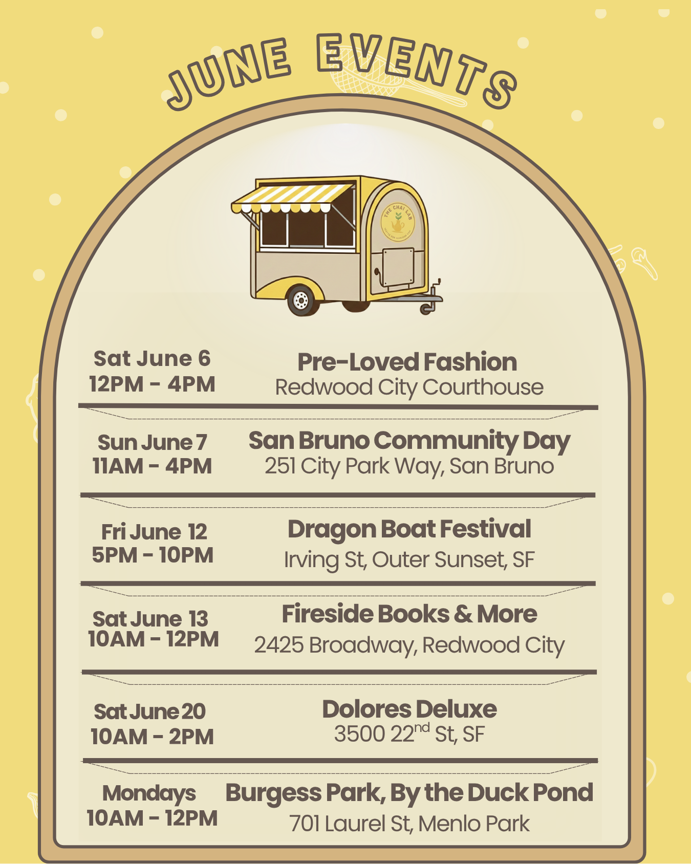 June events schedule for The Chai Lab
